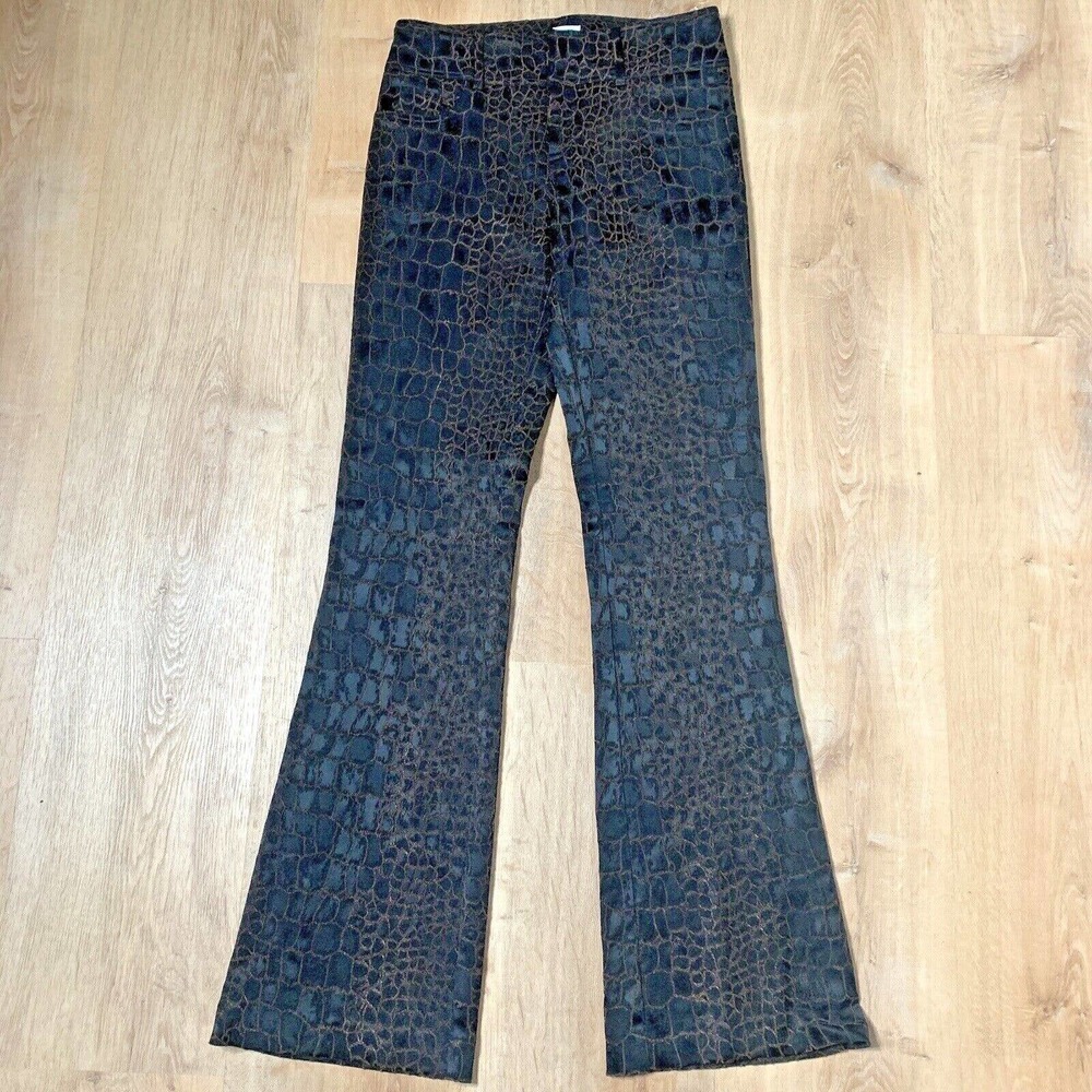 Vtg Cache Flare Pants Size 2 Y2K Brown Black Textured Stretch Animal Print